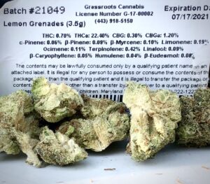 terpene and potency label of grassroots lemon grenades