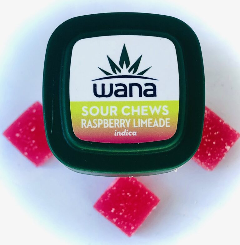 top view of wana sour chews container with three sour chews around the base
