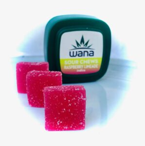 wana sour chews in a row with top of wana sour chews label in background