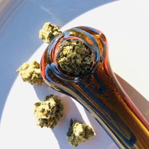 four bright green buds of jack white strain pictured with a packed multi-colored glass bowl with a blue green and mostly white forwardgro container in the background 2