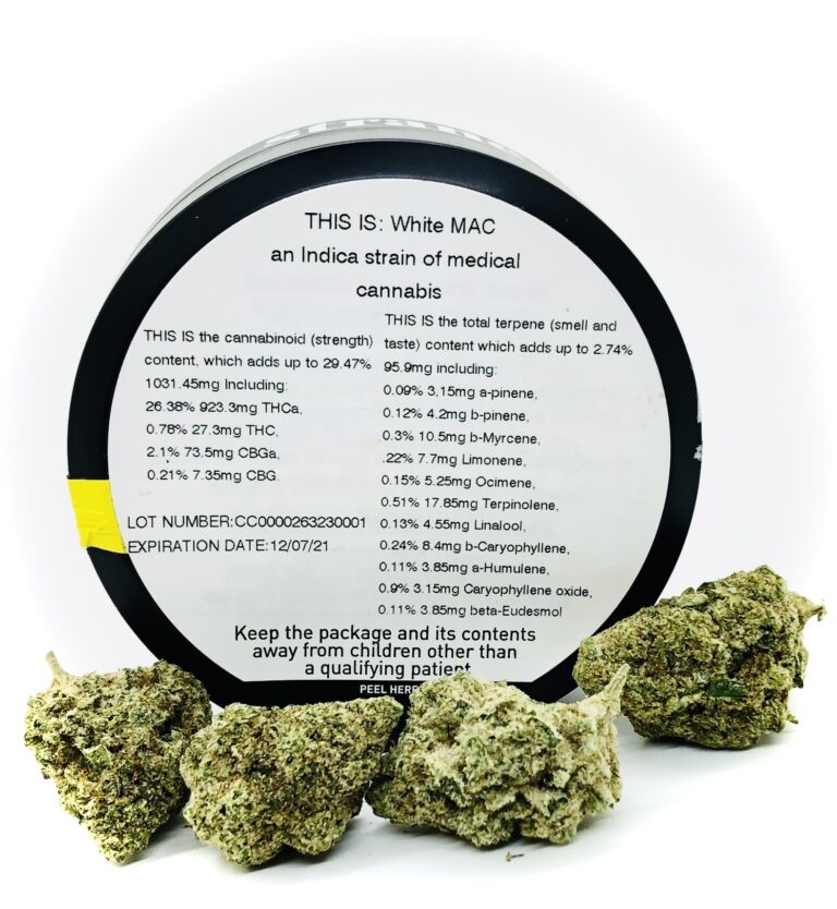 white mac by strane buds in front of terpene and potency label