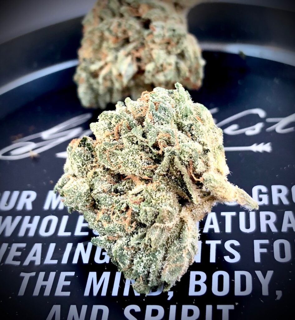 detail of buds of triangle kush by grow west on inside of tin lid