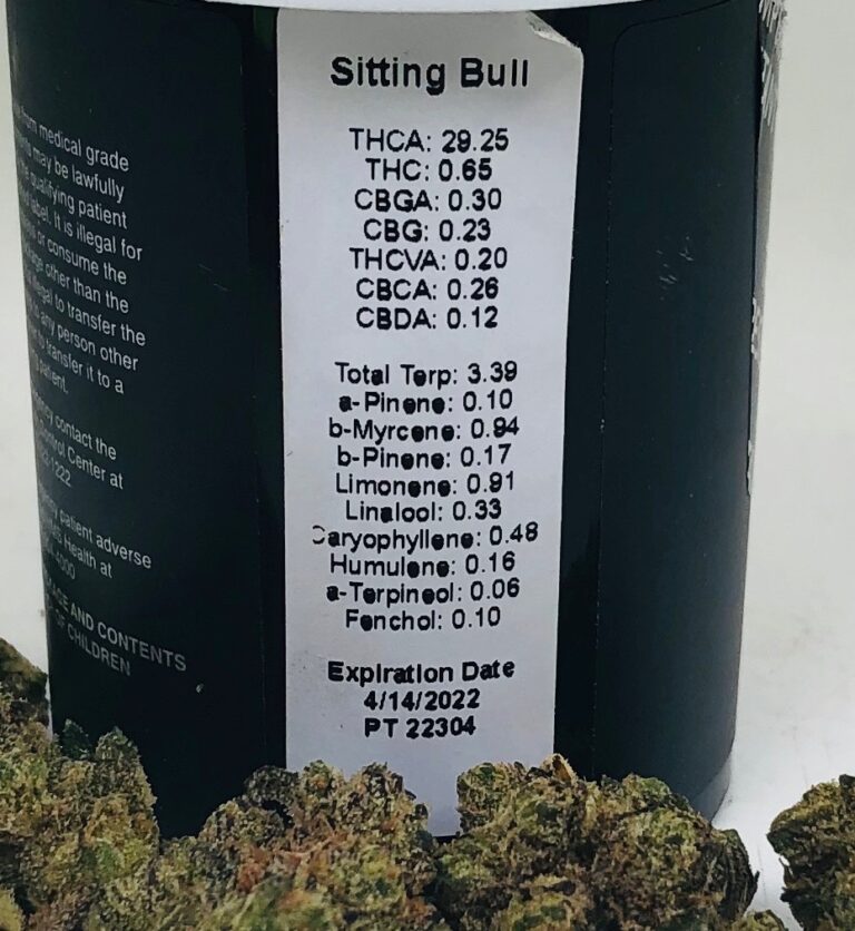 close up image of sitting bull by hms terpene label with buds of sitting bull in bottom of frame