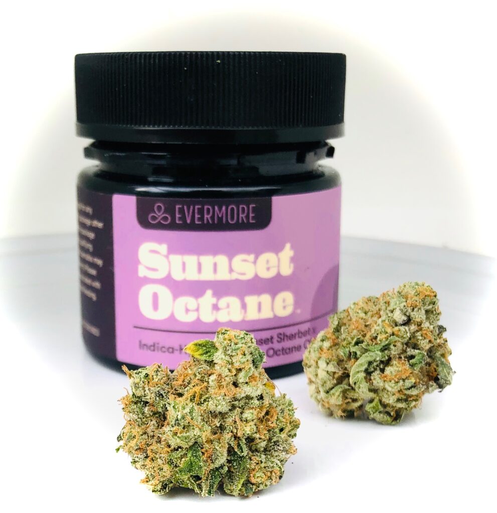 buds of sunset octane by evermore in front of evermore purple label black plastic jar with strain name in cream and lineage info on label