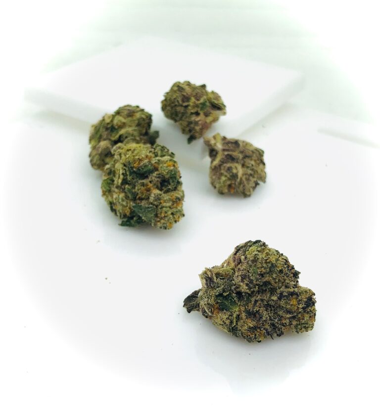 buds of gummiez on a white background with white riser in back with one bud hanging off