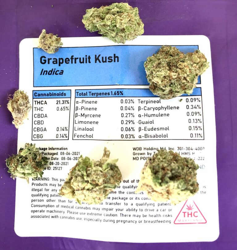 full testing label with buds of grapefruit kush by kind tree
