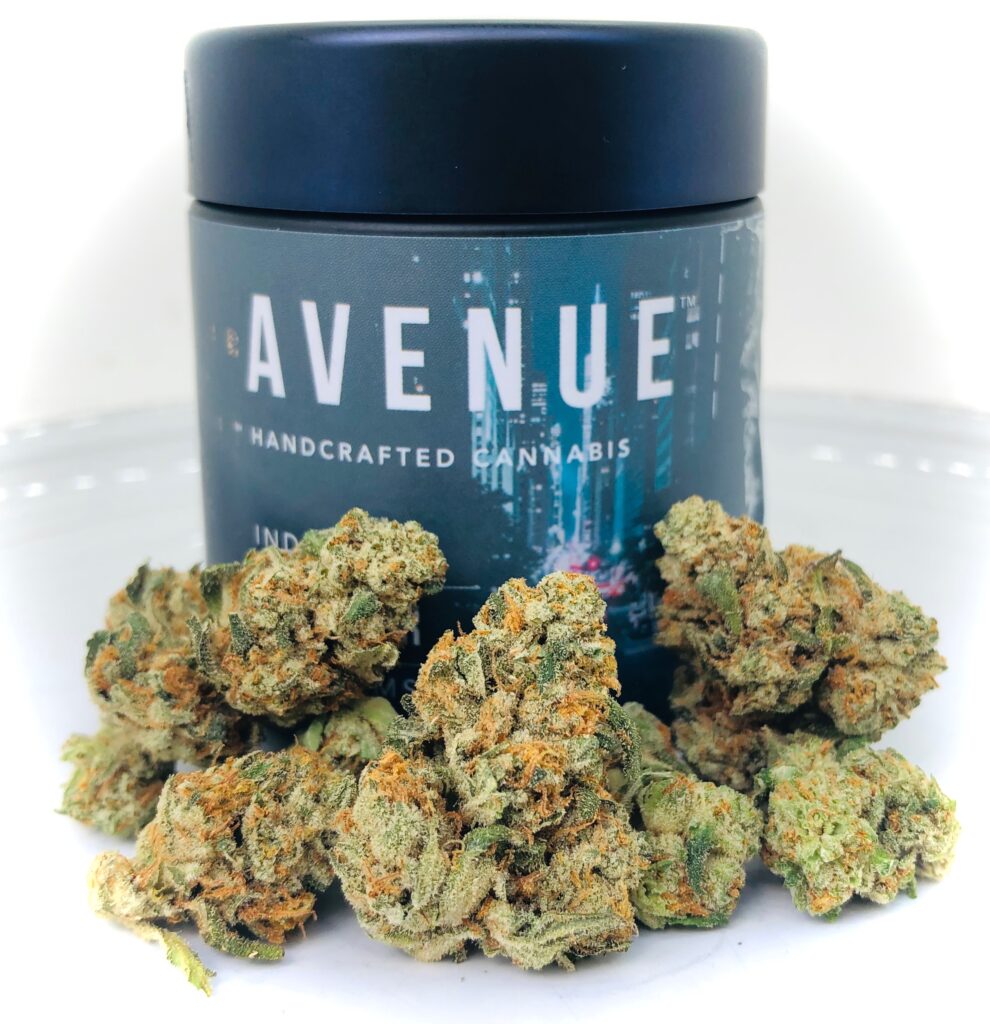 avenue cannabis buds of marshmallow in front of avenue dram jar