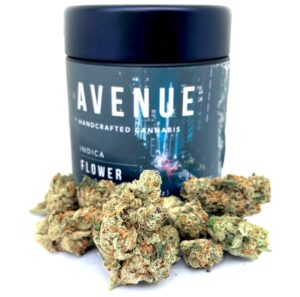 buds of the marshmallow strain in front of avenue cannabis jar