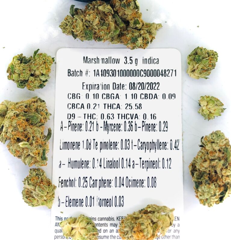 the terpene and potency lab test label for marshmallow by avenue