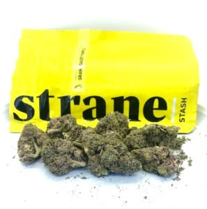 14 grams of grand daddy purple smalls in front of strane yellow ziplock stash bag