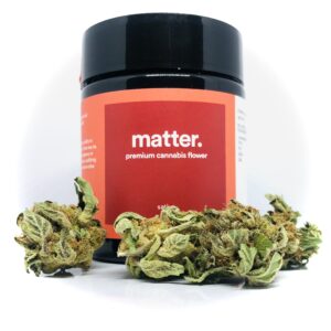 rollinia buds by matter cannabis in frnt of red and orange dram